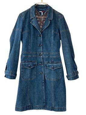 Tommy Hilfiger Y2K Stretch Denim Coat Floral Paisley Lined Long Jacket Size L